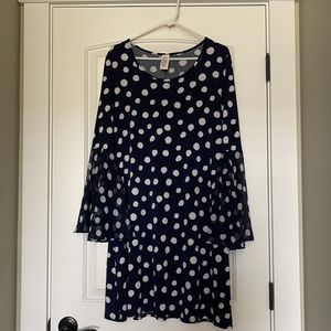 Navy and white polka dot bell-sleeve MSK dress